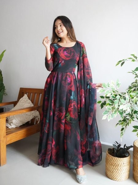Beautiful Flower Printed Georgette Gown Pant with Dupatta 3 Piece Kurti Set