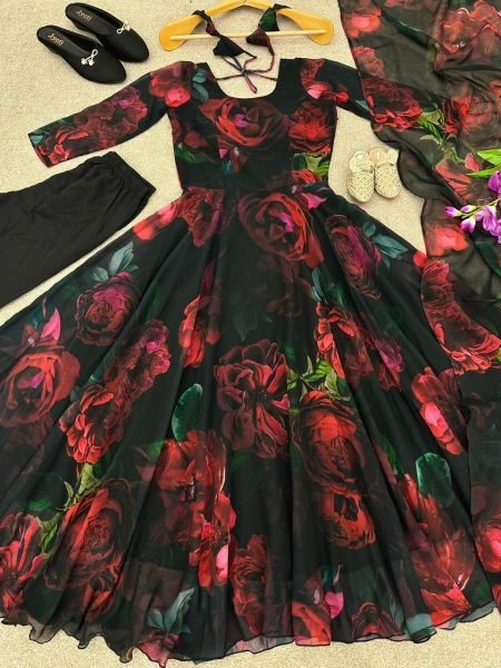 Beautiful Flower Printed Georgette Gown Pant with Dupatta 3 Piece Kurti Set