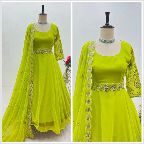 Beautiful Fox Georgette Anarkali gown Pant   Dupatta With Embroidery Work  3 Piece Kurti Set