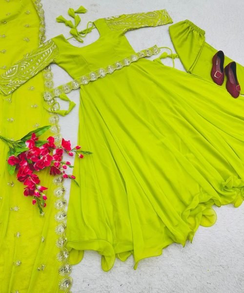 Beautiful Fox Georgette Anarkali gown Pant   Dupatta With Embroidery Work  3 Piece Kurti Set