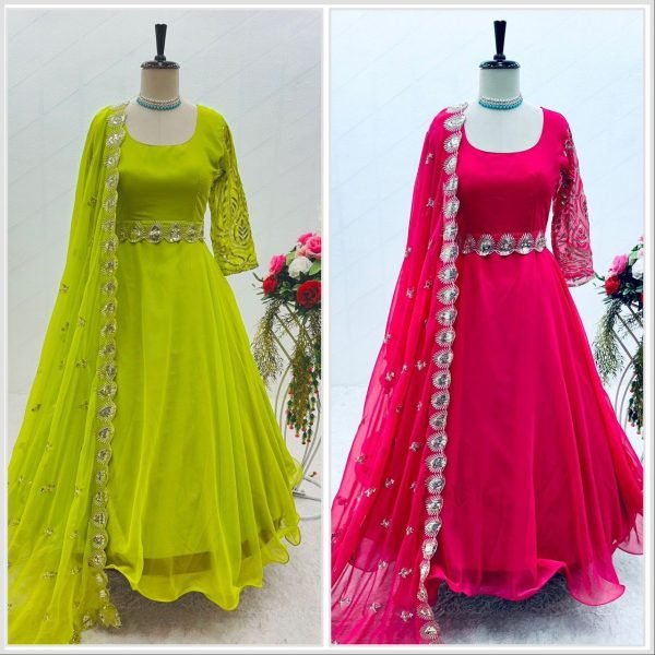 Beautiful Fox Georgette Anarkali gown Pant   Dupatta With Embroidery Work  3 Piece Kurti Set