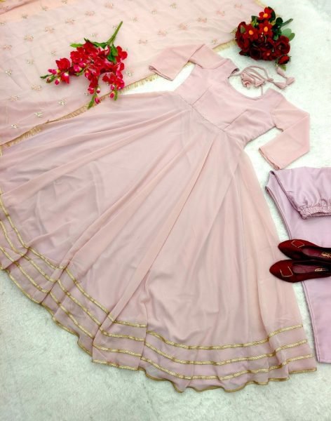 Beautiful Fox Georgette Gown Pant With Sequence Work Dupatta 3 Piece Kurti Set