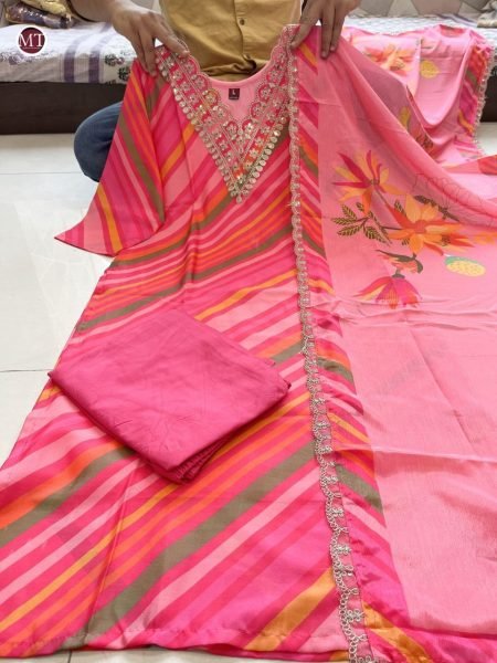 Beautiful Heavy Chinon With Embroidery Neck 3pc Set  3 Piece Kurti Set