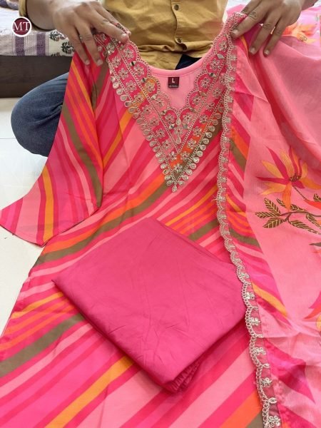 Beautiful Heavy Chinon With Embroidery Neck 3pc Set  3 Piece Kurti Set