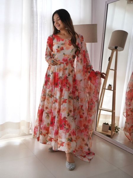 Beautiful Heavy Faux Georgette Gown Pant With Dupatta 3 Piece Kurti Set