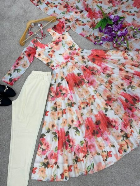 Beautiful Heavy Faux Georgette Gown Pant With Dupatta 3 Piece Kurti Set