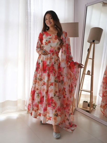 Beautiful Heavy Faux Georgette Gown Pant With Dupatta 3 Piece Kurti Set