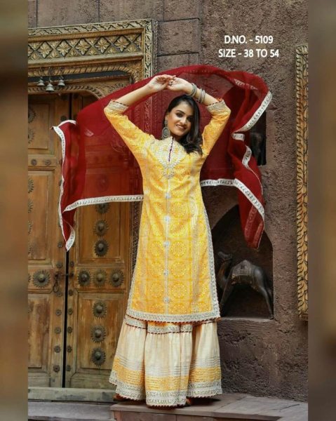 Beautiful Heavy Rayon 14 Kg Kurti Sharara  With Chiffon Dupatta And Potli Bag  Jaipuri Cotton Kurtis Wholesale