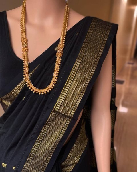 Beautiful Kalyani Cotton Black Ready To Wear Saree With Zari Border Silk Sarees Wholesale