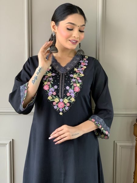 Beautiful Latest Black Color chanderi Silk Kurti set in Wholesale Rate 3 Piece Kurti Set
