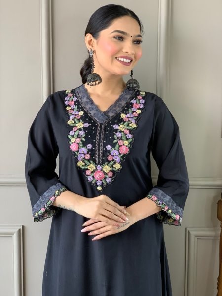 Beautiful Latest Black Color chanderi Silk Kurti set in Wholesale Rate 3 Piece Kurti Set