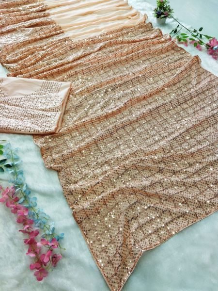 Latest Cream Color Party ware Faux Georgette saree For bollywood Inspired  Georgette Sarees Wholesale