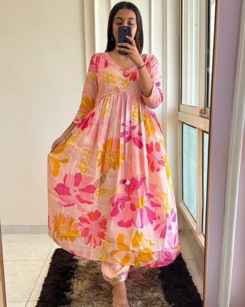 Beautiful Maslin Anarkali Kurti Pant With Dupatta  3 Piece Kurti Set