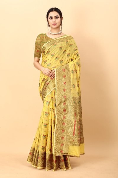 Beautiful Meenakari Soft Cotton fabric with Zari Weaving pallu Saree Cotton Sarees Wholesale