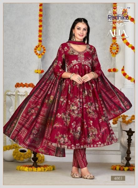 Beautiful Muslin Print Alia Cut Kurti Pant With Dupatta 3 Piece Kurti Set