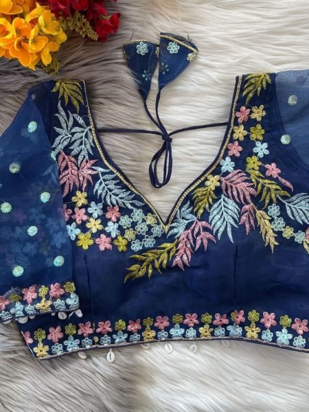 Beautiful Navy Blue Readymade Blouse with Sequin, Beads & Net Sleeves Export Quality at Best Price