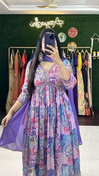 Beautiful Party Wear Muslin Alia Cut Suit 3 Piece Kurti Set