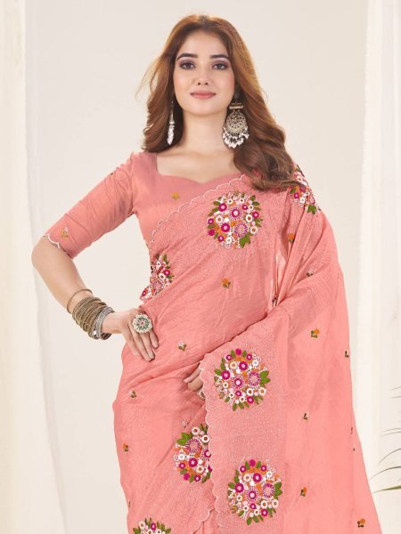 Beautiful Peach Color Gold Crush Designer Saree with Malti Thread Work Sarees 