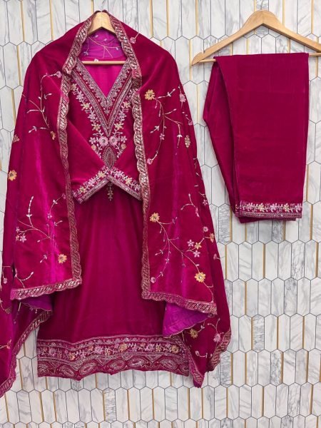 Beautiful Pink Ready to Wear Velvet Sequence Embroidered Suit Set with Dupatta for Wedding Wear Shop by Occasion