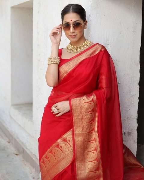 Beautiful Pure Orgenza Weaving Saree With Chitt Pallu Copper Zari Kuber Border Organza Sarees Wholesale
