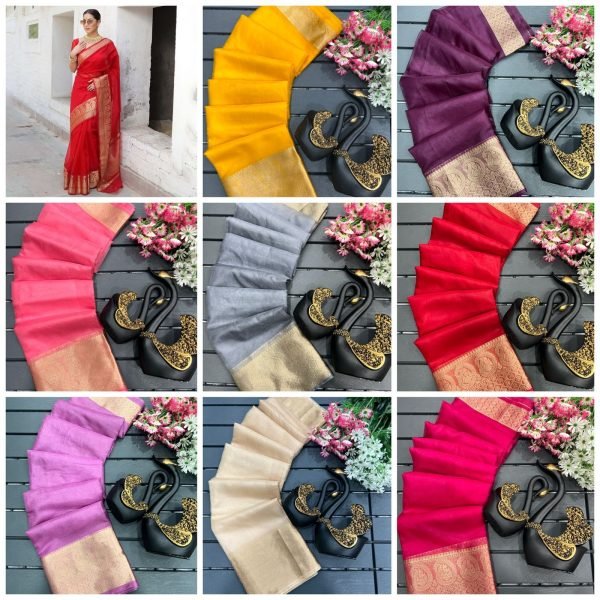 Beautiful Pure Orgenza Weaving Saree With Chitt Pallu Copper Zari Kuber Border Organza Sarees Wholesale