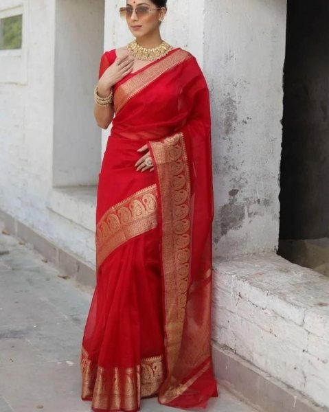 Beautiful Pure Orgenza Weaving Saree With Chitt Pallu Copper Zari Kuber Border Organza Sarees Wholesale