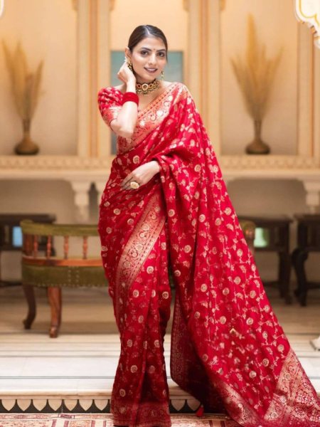 Beautiful Red Color Soft Lichi Silk Jacquared All Over Work Saree  Sarees 