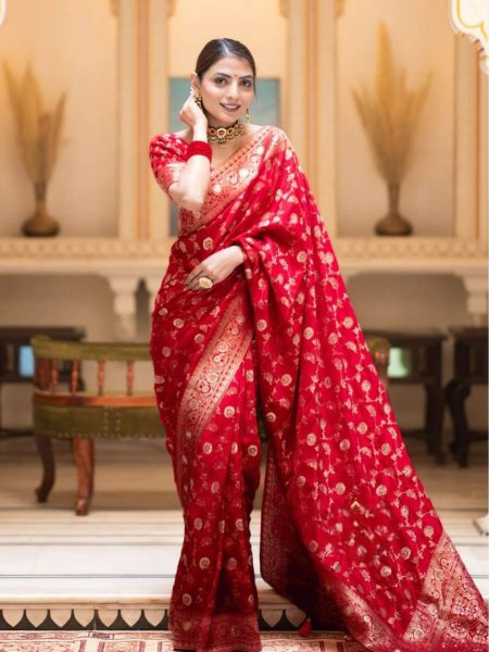 Beautiful Red Color Soft Lichi Silk Jacquared All Over Work Saree  Silk Sarees Wholesale