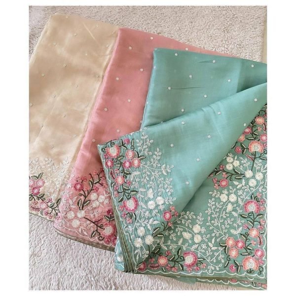 Beautiful Roman Silk Saree With Thread Work And Paiping Silk Sarees Wholesale