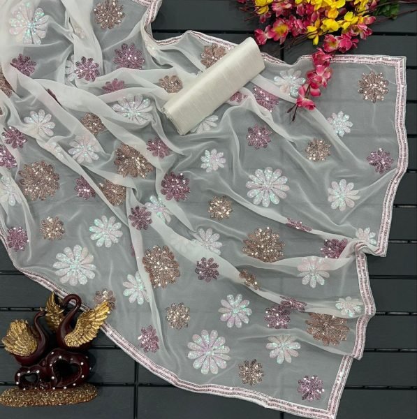 Beautiful Sequence Embroidery Georgette Saree  Georgette Sarees Wholesale