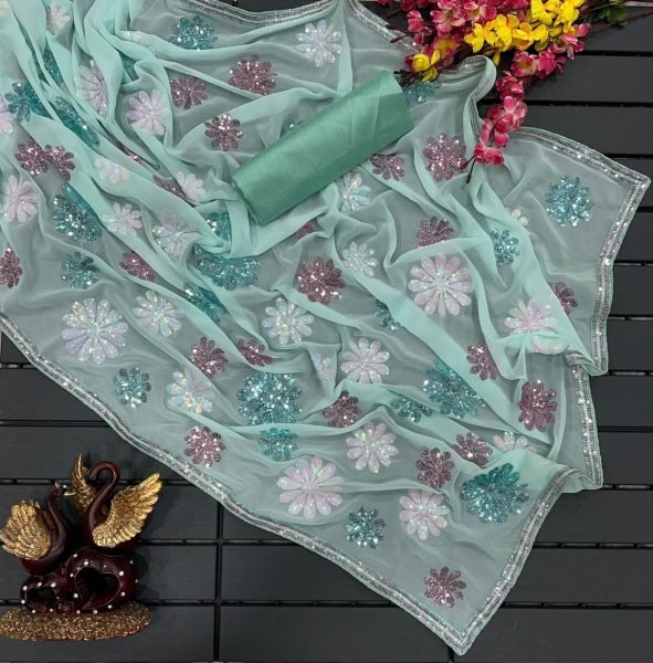 Beautiful Sequence Embroidery Georgette Saree  Georgette Sarees Wholesale