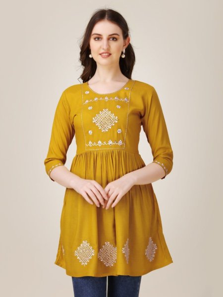 Beautiful Short Rayon Kurti With Embroidery   Sequence Work Printed Kurtis