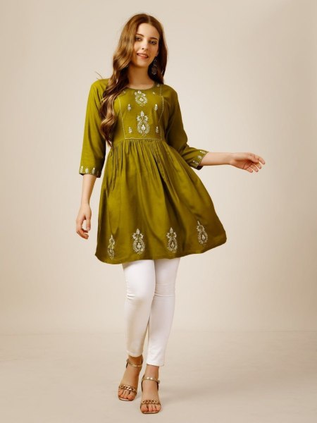 Beautiful Short Rayon Kurti With Embroidery   Sequence Work Printed Kurtis