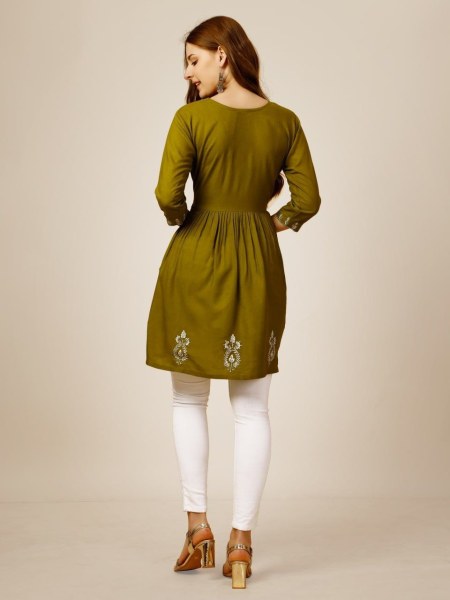 Beautiful Short Rayon Kurti With Embroidery   Sequence Work Printed Kurtis