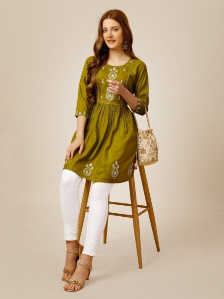 Beautiful Short Rayon Kurti With Embroidery   Sequence Work Printed Kurtis