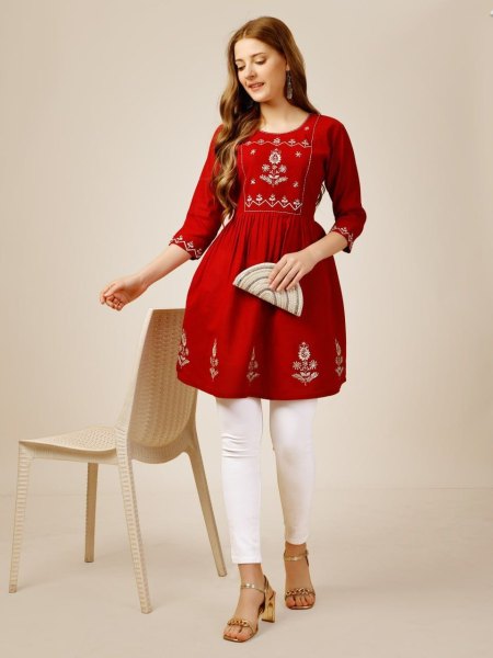 Beautiful Short Rayon Kurti With Embroidery   Sequence Work Printed Kurtis