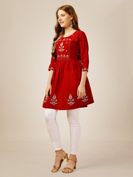 Beautiful Short Rayon Kurti With Embroidery   Sequence Work Printed Kurtis