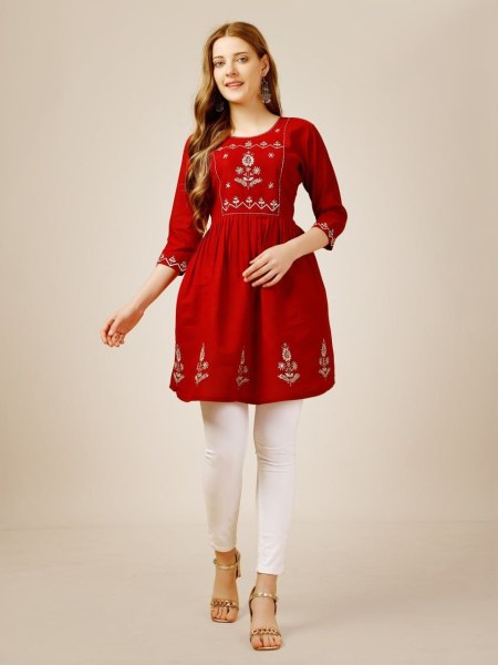 Beautiful Short Rayon Kurti With Embroidery   Sequence Work Printed Kurtis