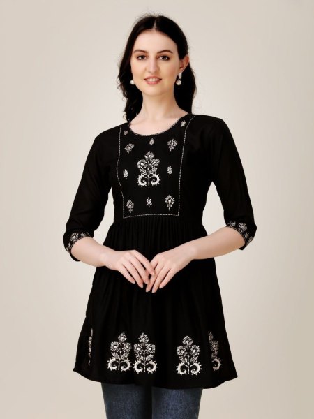 Beautiful Short Rayon Kurti With Embroidery   Sequence Work Printed Kurtis