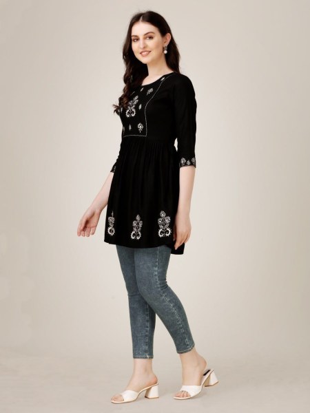 Beautiful Short Rayon Kurti With Embroidery   Sequence Work Printed Kurtis