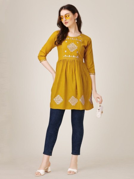 Beautiful Short Rayon Kurti With Embroidery   Sequence Work Printed Kurtis