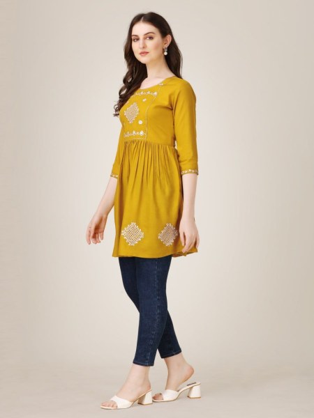 Beautiful Short Rayon Kurti With Embroidery   Sequence Work Printed Kurtis