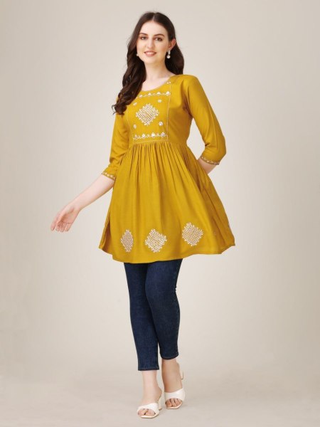 Beautiful Short Rayon Kurti With Embroidery   Sequence Work Printed Kurtis