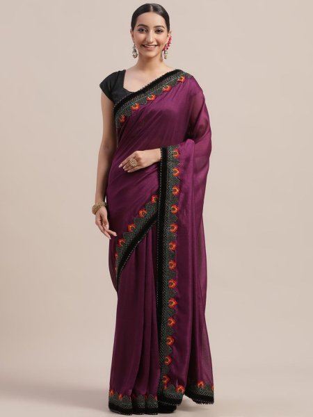 Beautiful Silk Saree With Embroidery Lace Border Silk Sarees Wholesale