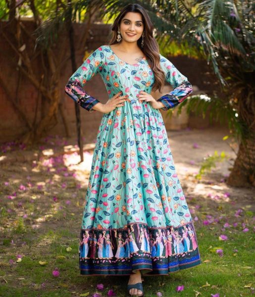 Beautiful Soft Silk Digital Printed Floral Gown  Printed Kurtis