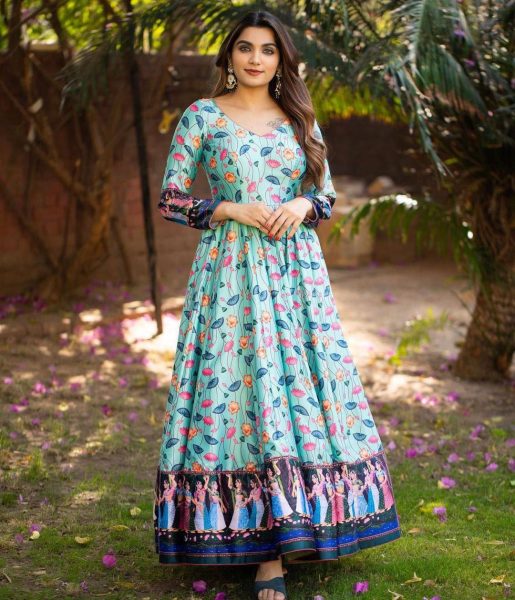 Beautiful Soft Silk Digital Printed Floral Gown  Printed Kurtis