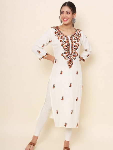 Beautiful straight cut long kurti with Lucknowi chickenkari work  with Liva Rayon Fabric kurti  Straight Cut Long Kurtis