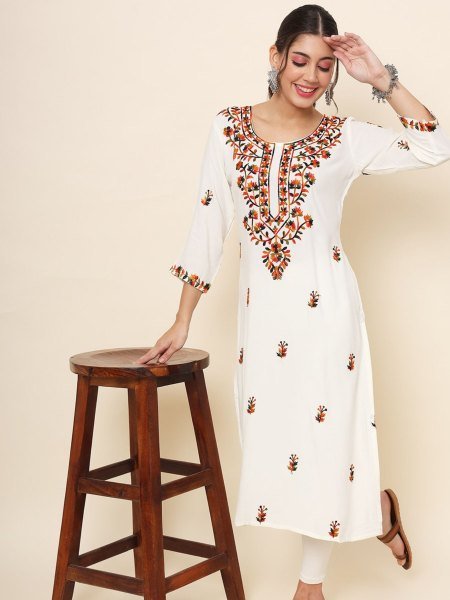 Beautiful straight cut long kurti with Lucknowi chickenkari work  with Liva Rayon Fabric kurti  Straight Cut Long Kurtis