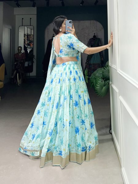  Beautiful Tabby Silk Floral Printed Blue Lace Designer Lehenga Choli Half Saree Lehenga