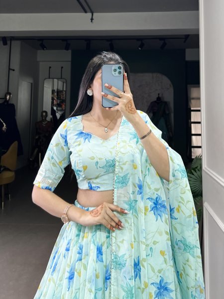  Beautiful Tabby Silk Floral Printed Blue Lace Designer Lehenga Choli Half Saree Lehenga